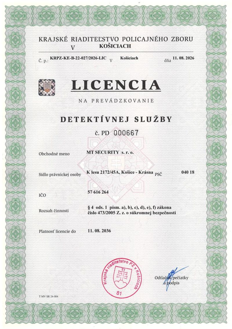 Licencia na prevádzkovanie detektívnej služby č. PD 000667